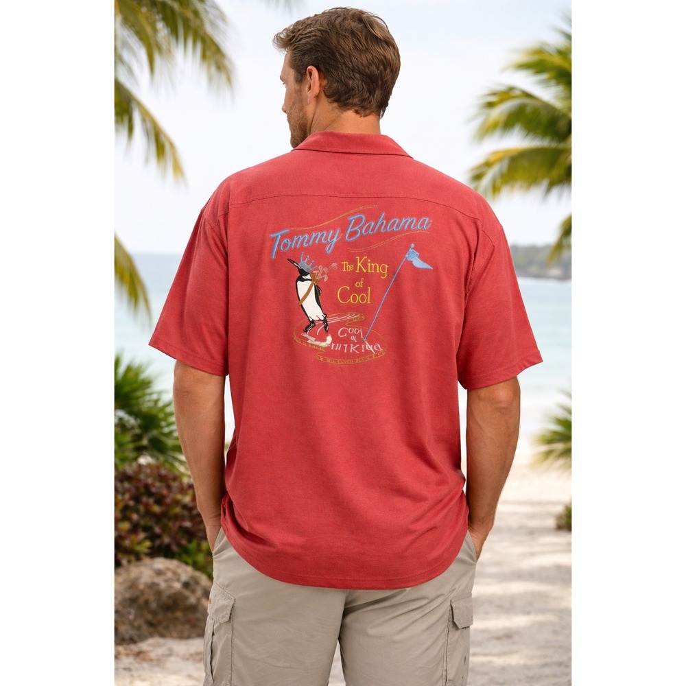Tommy Bahama King of Cool Penguin Golf Silk Shirt Mens Large Red Short Sleeve